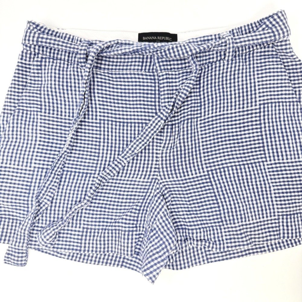 Banana Republic Blue White Gingham Linen Cotton Tie Waist Shorts Womens Size 2
